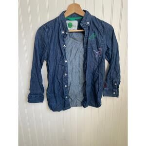 Mini Boden Girls 9-10Y Denim Button Up Shirt Dinosaurs Embroidered Long Sleeve